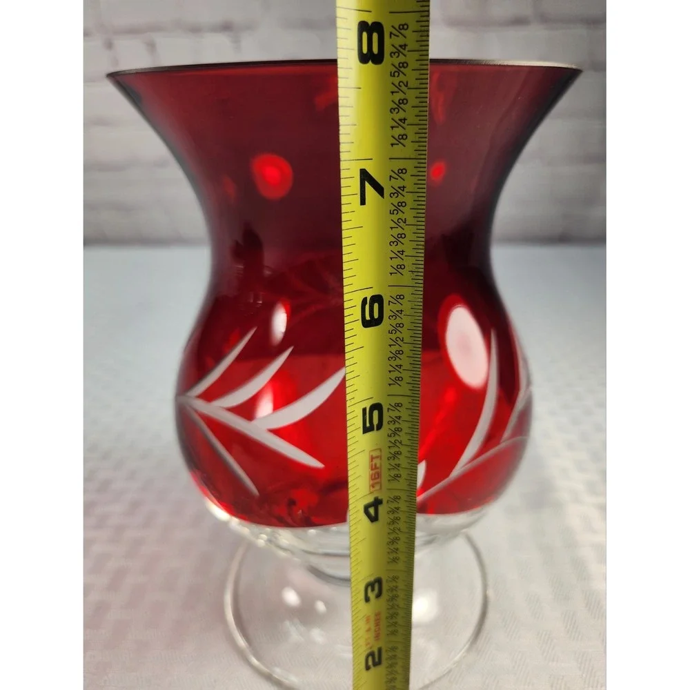 Stunning Lenox Floral Ruby Red Etched Crystal Hurricane Vase / Candle Holder